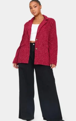 Plus Burgundy Boucle Check Blazer
