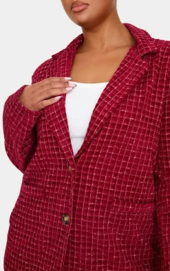Plus Burgundy Boucle Check Blazer
