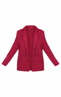 Plus Burgundy Boucle Check Blazer