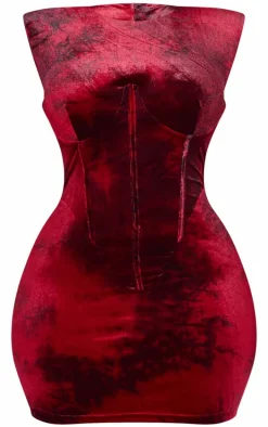 Plus Burgundy Crushed Velvet Corset Extreme Shoulder Bodycon Dress