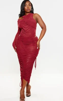 Plus Burgundy Extreme Ruched Seam Detail Midaxi Skirt