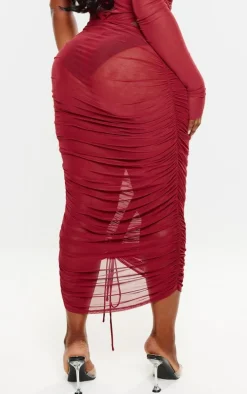 Plus Burgundy Extreme Ruched Seam Detail Midaxi Skirt