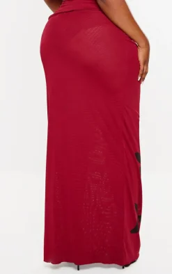 Plus Burgundy Flower Printed Mesh Ruched Low Rise Maxi Skirt