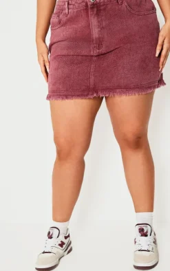 Plus Burgundy Washed Raw Hem Mini Skirt