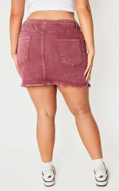 Plus Burgundy Washed Raw Hem Mini Skirt