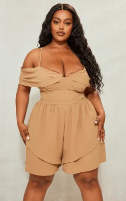 Plus Camel Textured Corset Romper
