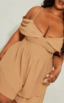 Plus Camel Textured Corset Romper