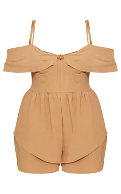 Plus Camel Textured Corset Romper