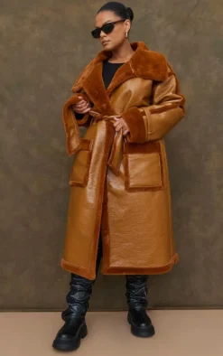 Plus Camel Vinyl Contrast Faux Fur Midi Coat