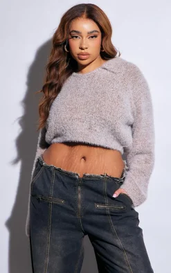 Plus Cappuccino Fluffy Knit V Neck Collar Detail Cropped Sweater