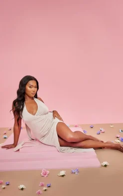 Plus Champagne Accetate Slinky Plunge Halterneck Maxi Dress