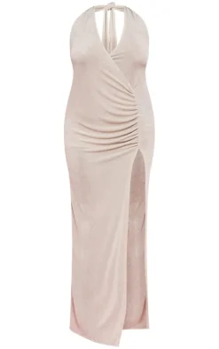 Plus Champagne Accetate Slinky Plunge Halterneck Maxi Dress