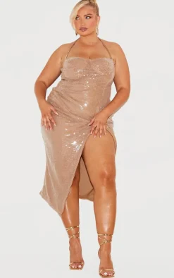 Plus Champagne Sequin Bust Detail Midi Dress