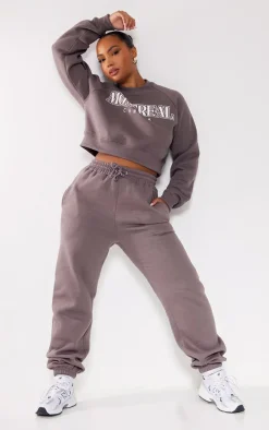 Plus Charcoal Blue Montreal Printed Crop Sweatshirt