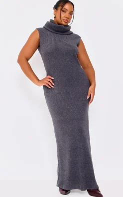 Plus Charcoal Brushed Rib Roll Neck Maxi Dress