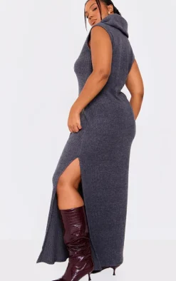 Plus Charcoal Brushed Rib Roll Neck Maxi Dress