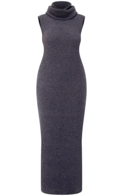 Plus Charcoal Brushed Rib Roll Neck Maxi Dress