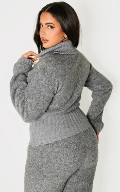 Plus Charcoal Contrast Textured Knit Bardot Foldover Sweater