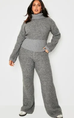 Plus Charcoal Contrast Textured Knit Straight Leg Pants