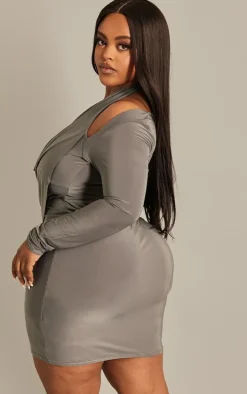 Plus Charcoal Cowl Neck Long sleeve Bodycon Dress