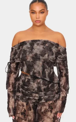 Plus Charcoal Devore Mesh Foldover Long Sleeve Top