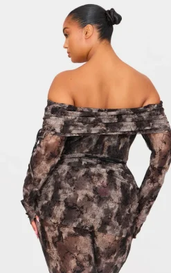 Plus Charcoal Devore Mesh Foldover Long Sleeve Top