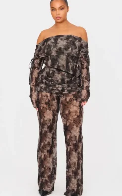 Plus Charcoal Devore Mesh Foldover Slim Flare Pants