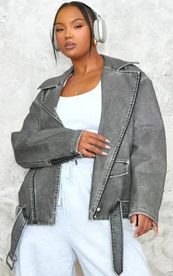 Plus Charcoal Distressed Look Faux Leather Longline Biker Jacket