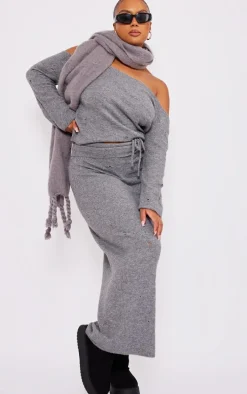 Plus Charcoal Grey Distressed Knit Foldover Waistband Midi Skirt