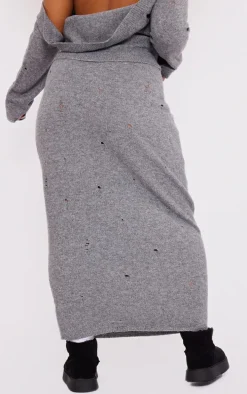 Plus Charcoal Grey Distressed Knit Foldover Waistband Midi Skirt