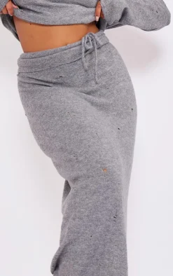 Plus Charcoal Grey Distressed Knit Foldover Waistband Midi Skirt