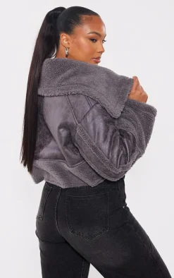 Plus Charcoal Grey Faux Suede Borg Trim Aviator