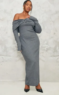 Plus Charcoal Heavy Brushed Rib Bardot Trim Maxi Dress