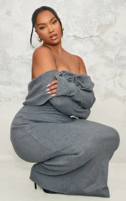 Plus Charcoal Heavy Brushed Rib Bardot Trim Maxi Dress