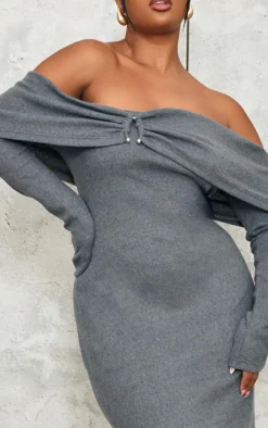 Plus Charcoal Heavy Brushed Rib Bardot Trim Maxi Dress