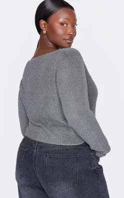 Plus Charcoal Knitted Hook And Eye Cardigan