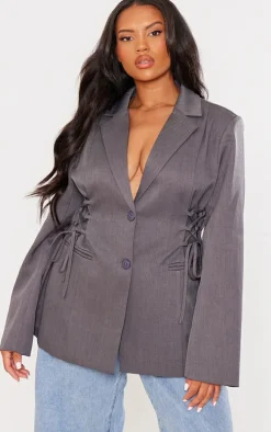 Plus Charcoal Lace Up Waist Blazer