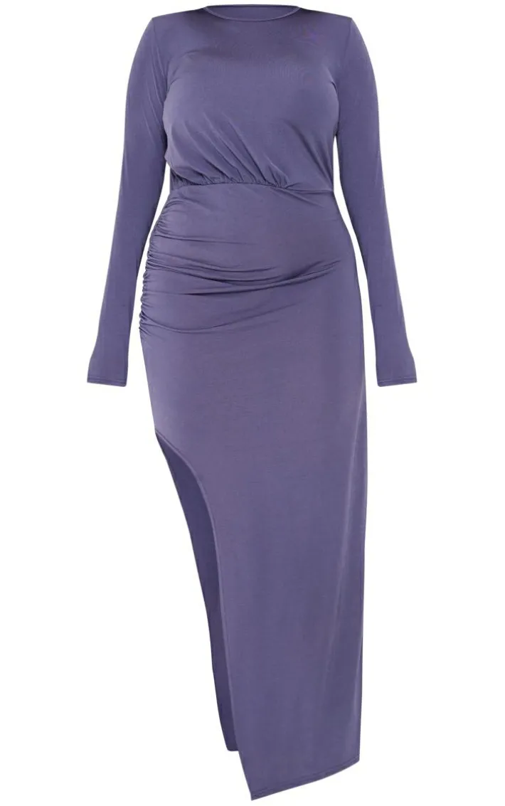Plus Charcoal Long Sleeve Shoulder Pad Ruched Side Detail Maxi Dress