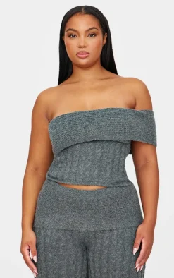 Plus Charcoal Marl Textured Knit Foldover Bandeau Top