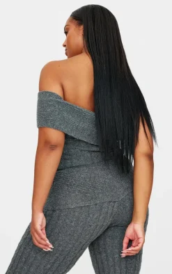 Plus Charcoal Marl Textured Knit Foldover Bandeau Top