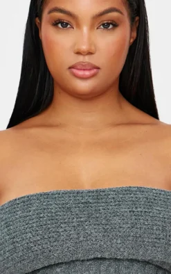 Plus Charcoal Marl Textured Knit Foldover Bandeau Top