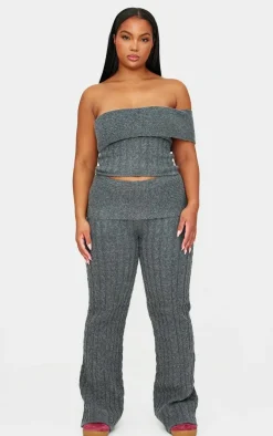 Plus Charcoal Marl Textured Knit Foldover Wide Leg Pants