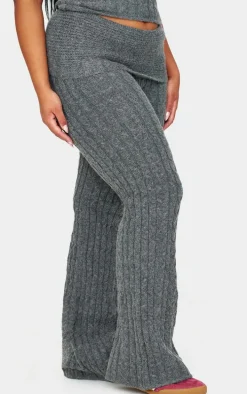 Plus Charcoal Marl Textured Knit Foldover Wide Leg Pants