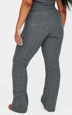 Plus Charcoal Marl Textured Knit Foldover Wide Leg Pants
