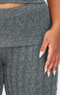 Plus Charcoal Marl Textured Knit Foldover Wide Leg Pants