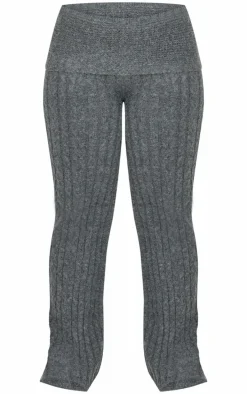 Plus Charcoal Marl Textured Knit Foldover Wide Leg Pants