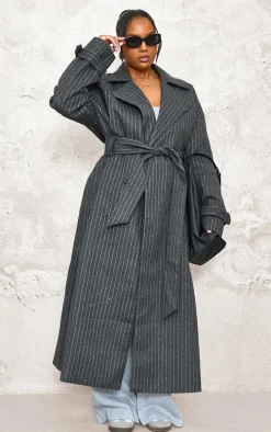 Plus Charcoal Pinstripe Wool Look Double Breasted Belted Coat