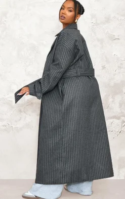 Plus Charcoal Pinstripe Wool Look Double Breasted Belted Coat