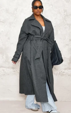 Plus Charcoal Pinstripe Wool Look Double Breasted Belted Coat