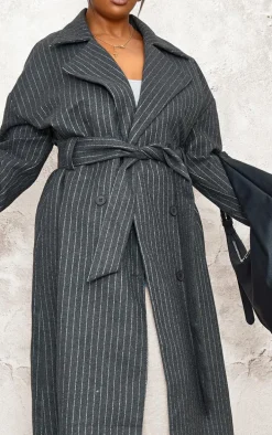 Plus Charcoal Pinstripe Wool Look Double Breasted Belted Coat